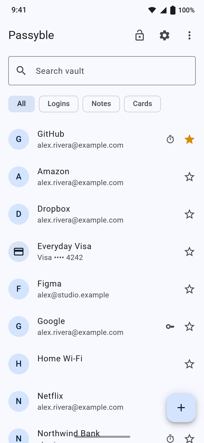 Passyble for Android: the vault list with search, filters and letter avatars (demo data, a mockup of the app's design).