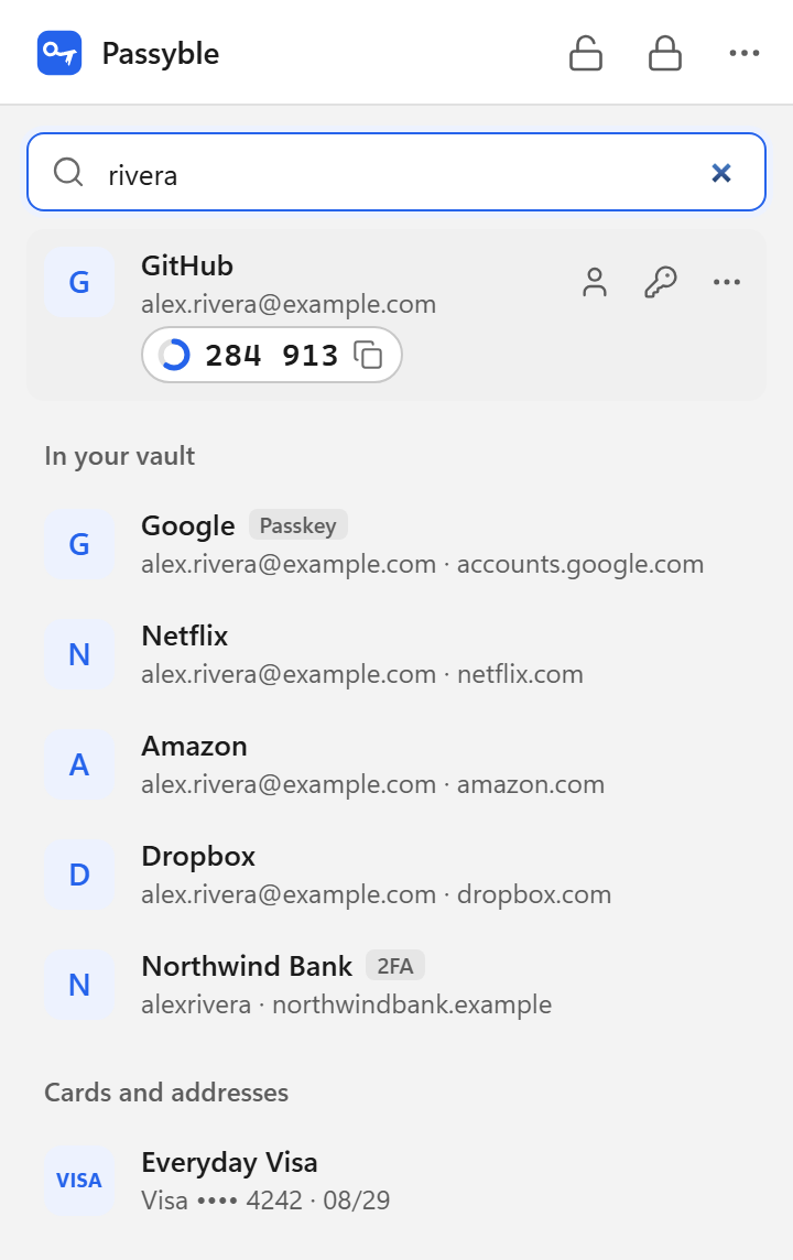The Passyble browser extension popup on github.com: the GitHub login with its 2FA code, plus matching logins and a card from the vault (demo data).