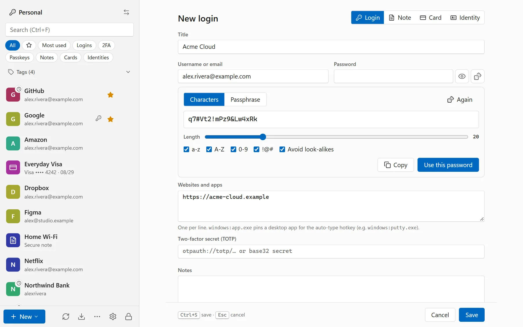 Adding a new login in the Windows app, with the password generator open: length slider, character options and a freshly generated password (demo data).