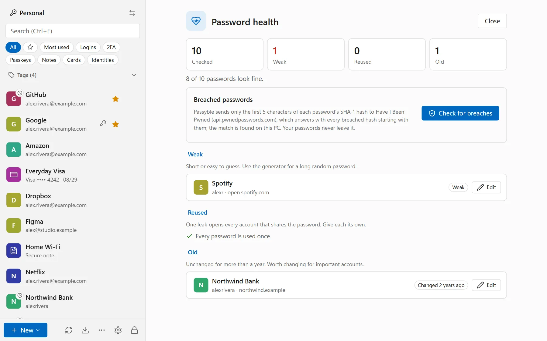 Password health in the Windows app: 10 passwords checked, one weak and one old, with an optional breach check (demo data).