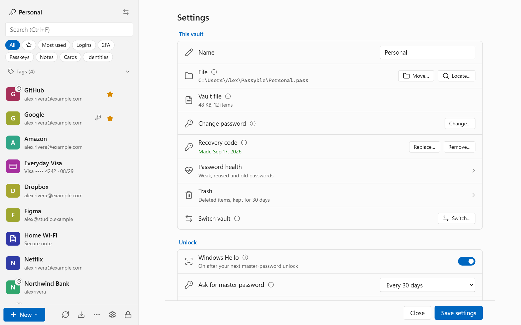 Settings in the Windows app: vault name, file, recovery code, password health and Windows Hello (demo data).